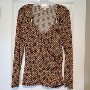 Michael Kors MK Black/Brown/Gold Buckle Design Cross Front Blouse Misses XL-Mint